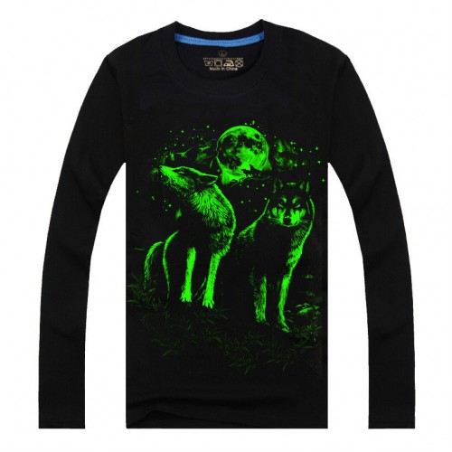 Men Cotton Blended 3D Printed Noctilucent Wolf Long Sleeve T-shirt