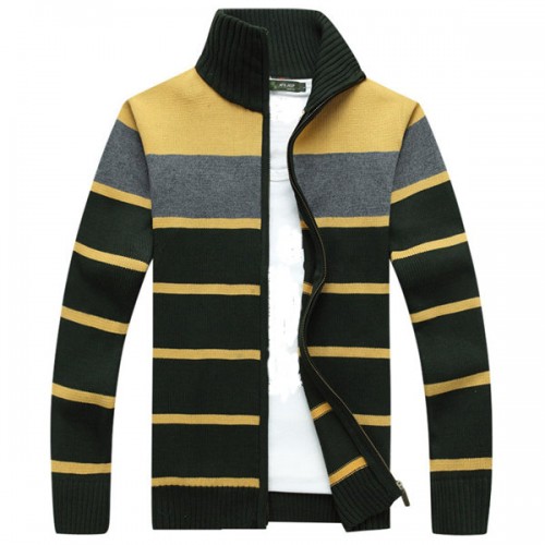 Winter Thick Casual Stand Collar Sweaters Mens Stripe Knitted Zipper Jacquard Cardigan