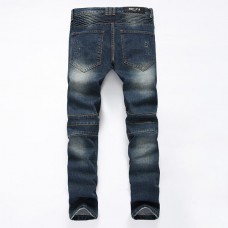 Mens Moustache Folded Stitching Elastic Jeans Fashion Casual Mid-rise Straight Legs Denim Pants