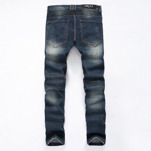 Mens Moustache Folded Stitching Elastic Jeans Fashion Casual Mid-rise Straight Legs Denim Pants