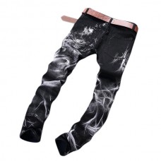 Mens Fashion Wolf Printing Black Straight Leg Denim Long Pants Jeans US Size 30-40