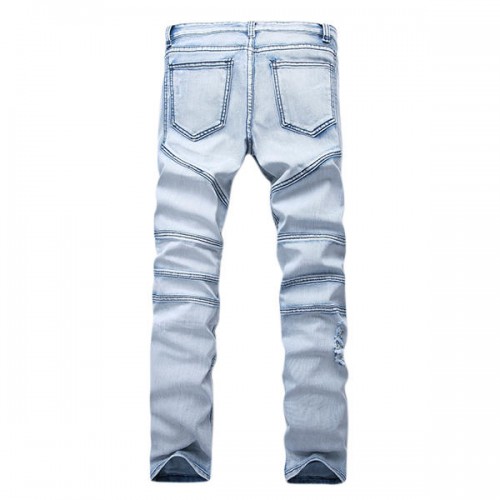 Mens Fashion Casual Motorcycle Biker Pleat Straight Legs Ripped Jeans Denim Pants