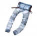 Mens Fashion Casual Motorcycle Biker Pleat Straight Legs Ripped Jeans Denim Pants