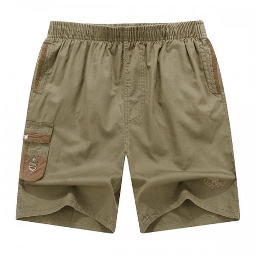 Mens Summer Casual Elastic Waist Multi Pockets Shorts Solid Color Cotton Shorts