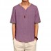 Retro Chinese Style T-shirt Summer Men's Linen Solid Color V-neck Short Sleeve Tops Tees