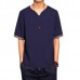 Retro Chinese Style T-shirt Summer Men's Linen Solid Color V-neck Short Sleeve Tops Tees