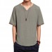 Retro Chinese Style T-shirt Summer Men's Linen Solid Color V-neck Short Sleeve Tops Tees