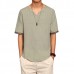 Retro Chinese Style T-shirt Summer Men's Linen Solid Color V-neck Short Sleeve Tops Tees