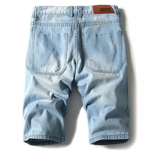 Mens Fashion Casual Holes Denim Shorts Big Size Kness Length Mid-rise Light Blue Jeans