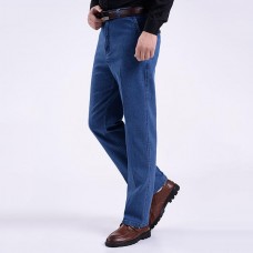 Men Summer Basic Denim Straight Leg Loose Elastic High Waist Cargo Long Jeans