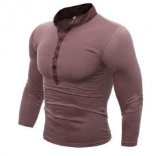 Mens Cotton Stand Collar T-shirts Buttons Breathable Long Sleeve Solid Color Tops