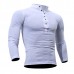 Mens Cotton Stand Collar T-shirts Buttons Breathable Long Sleeve Solid Color Tops