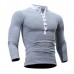 Mens Cotton Stand Collar T-shirts Buttons Breathable Long Sleeve Solid Color Tops