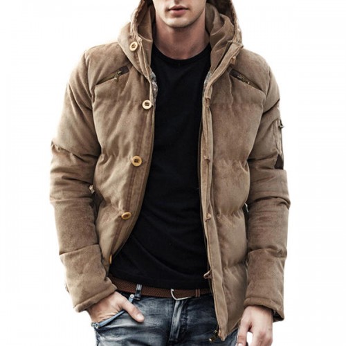 Corduroy Hooded Thick Warm Solid Color Padded Jacket Outwear Parka for Men