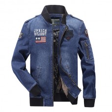 Mens Plus Size S-3XL Embroidery Armband Epaulet Decoration Pilot Flight Jacket Denim Coat