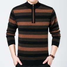 Warm Thick Mink Velvet Striped Pullover Sweaters Fashion Jacquard Semi-high Collar Zipper Pullovers