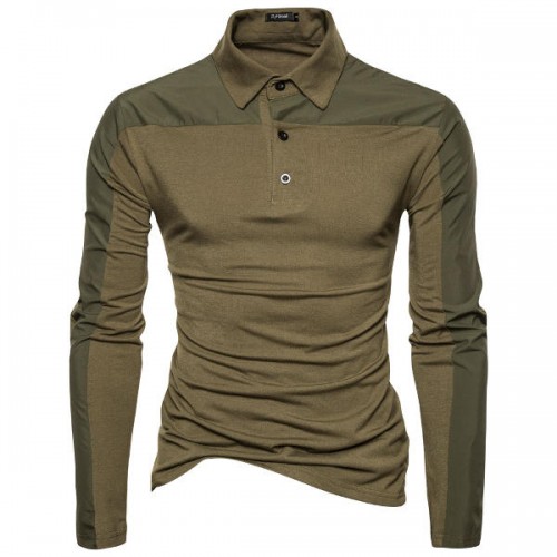 Autumn Winter Mens New Fashion Splicing Slim Casual Lapel Long-sleeved Golf Shirt