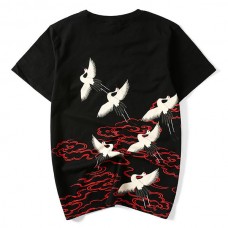 Chinese Wind Folk Cranes Embroidery Loose Cotton T-shirt Large Size Mens Round Neck Short Sleeve Tee