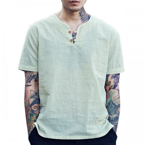 Chinese Style Cotton Linen LeisureT-shirt Spring Summer Men's Pure Color Short Sleeves T-shirt