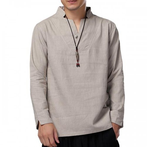 Chinese Style Mens Loose Cotton Linen Long Sleeve Tops Stand Collar T-Shirts