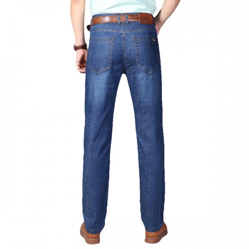 Mens Spring Summer High Rise Loose Business Cotton Blue Jeans