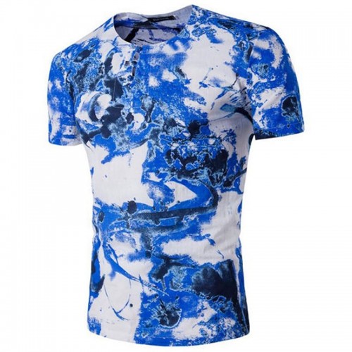 Mens Personalized Printing Cotton Linen Short Sleeve T-Shirts Frog Button Antibacterial Tee Tops