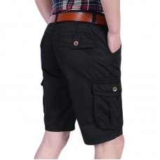 Mens 100% Cotton Multi-pocket Knee-Length Cargo Pants Loose Outdoor Casual Shorts