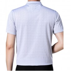 Middle-aged Mens Summer Cool Ice Ribbon Collar Golf Shirt Casual Short-sleeved Plaid Tops Tees