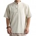 Men's Stand Collar Solid Color Loose T-Shirts Vintage Chinese Style Casual Buttons Tops