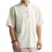 Men's Stand Collar Solid Color Loose T-Shirts Vintage Chinese Style Casual Buttons Tops