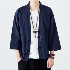  Mens Loose Cotton Vintage Horn Buckle Three Quarter Sleeve Coats Tops