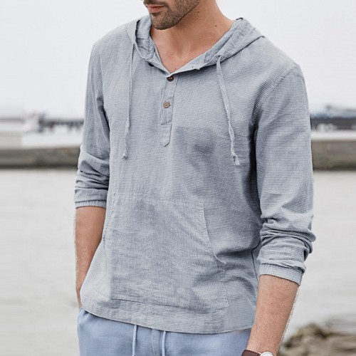 Men's Soft Breathable Linen Hooded T-Shirts Spring Autumn Striped Casual Pullovers Tops