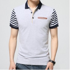 Men's Striped Short Sleeve Golf Shirt Summer Lapel Cotton Casual Slim Tops