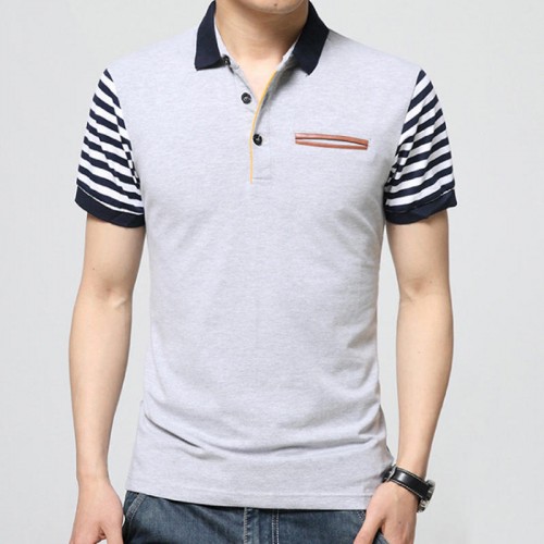 Men's Striped Short Sleeve Golf Shirt Summer Lapel Cotton Casual Slim Tops