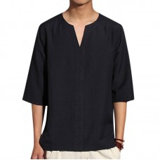 Men's Ethnic Style Cropped Sleeve T-Shirts Large Size V-neck Linen Cotton Loose Tops