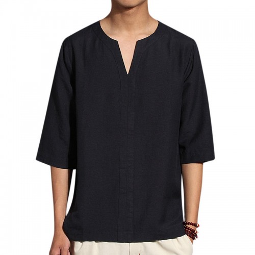 Men's Ethnic Style Cropped Sleeve T-Shirts Large Size V-neck Linen Cotton Loose Tops