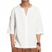 Men's Ethnic Style Cropped Sleeve T-Shirts Large Size V-neck Linen Cotton Loose Tops