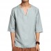 Men's Ethnic Style Cropped Sleeve T-Shirts Large Size V-neck Linen Cotton Loose Tops