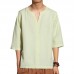 Men's Ethnic Style Cropped Sleeve T-Shirts Large Size V-neck Linen Cotton Loose Tops