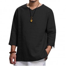 Ethnic Casual Men's Long-sleeved V-neck Solid Color Large Size Loose T-Shirts