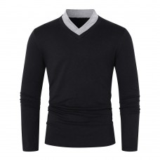 Mens Casual Breathable High Collar Stitching Solid Color Long Sleeve T-Shirts