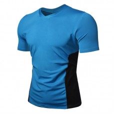 Summer Cotton V Neck Short Sleeve Tops Color Block Slim Casual T-shirts for Men