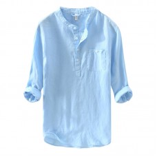 Men's Linen M-4XL Loose Button Design Solid Color Pocket Casual Three Quarter Sleeve T-shirts