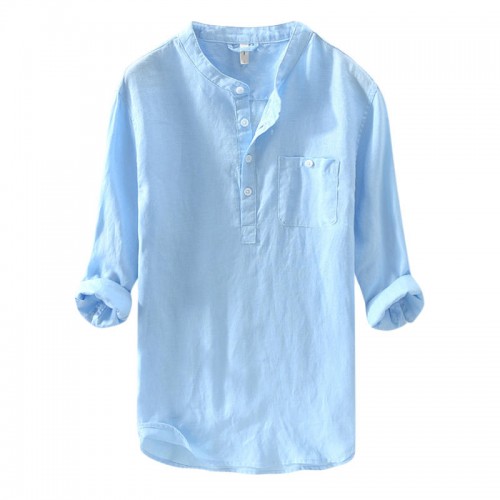 Men's Linen M-4XL Loose Button Design Solid Color Pocket Casual Three Quarter Sleeve T-shirts