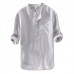 Men's Linen M-4XL Loose Button Design Solid Color Pocket Casual Three Quarter Sleeve T-shirts