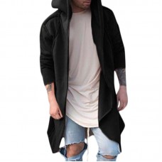 Mens Fashion Irregular Hem Solid Color Mid-long Hooded Loose Cardigans