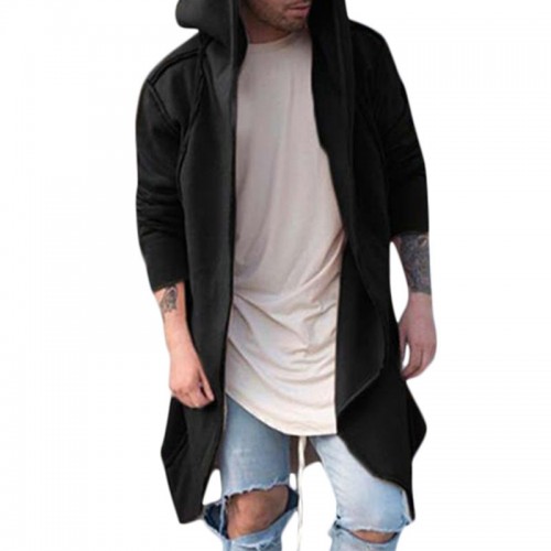 Mens Fashion Irregular Hem Solid Color Mid-long Hooded Loose Cardigans