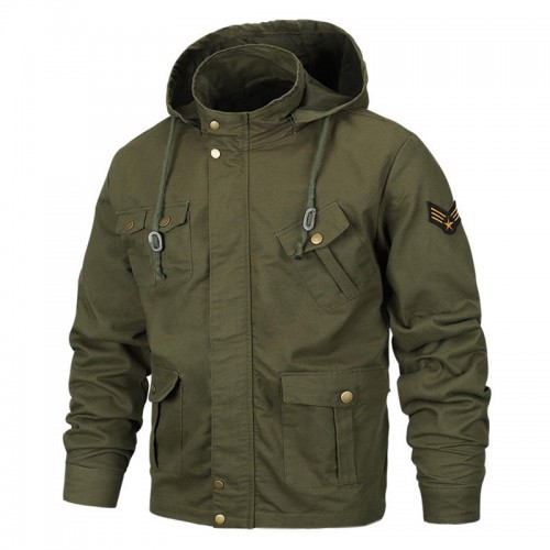 Military Style Multi Pockets Hooded Mens Cotton Jacket