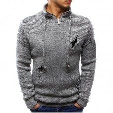 Mens Casual Holes Wool Knit Zipper Drawstring Slim Fit Long Sleeve Pullovers