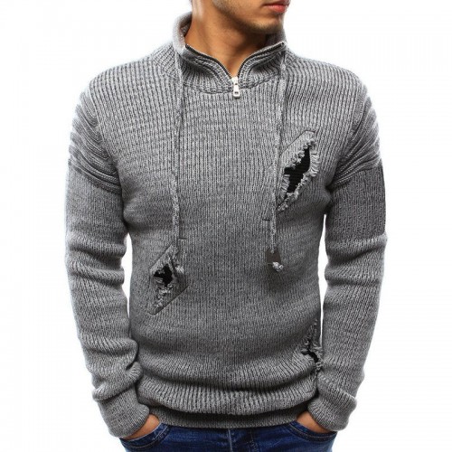 Mens Casual Holes Wool Knit Zipper Drawstring Slim Fit Long Sleeve Pullovers